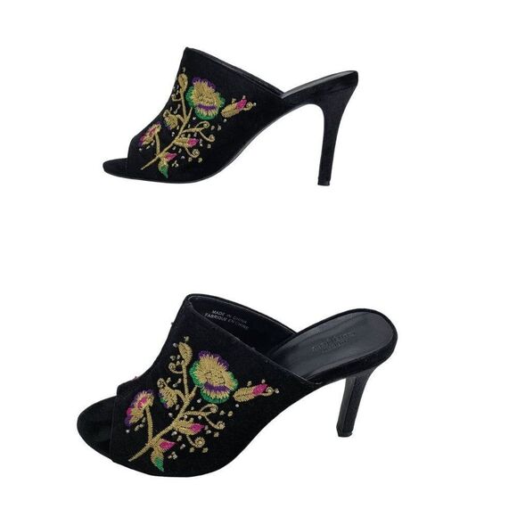 Urban Outfitters Formal Velvet Mules 8 Black Zoe Gold Floral Embroidered 4" Heel - Picture 7 of 13